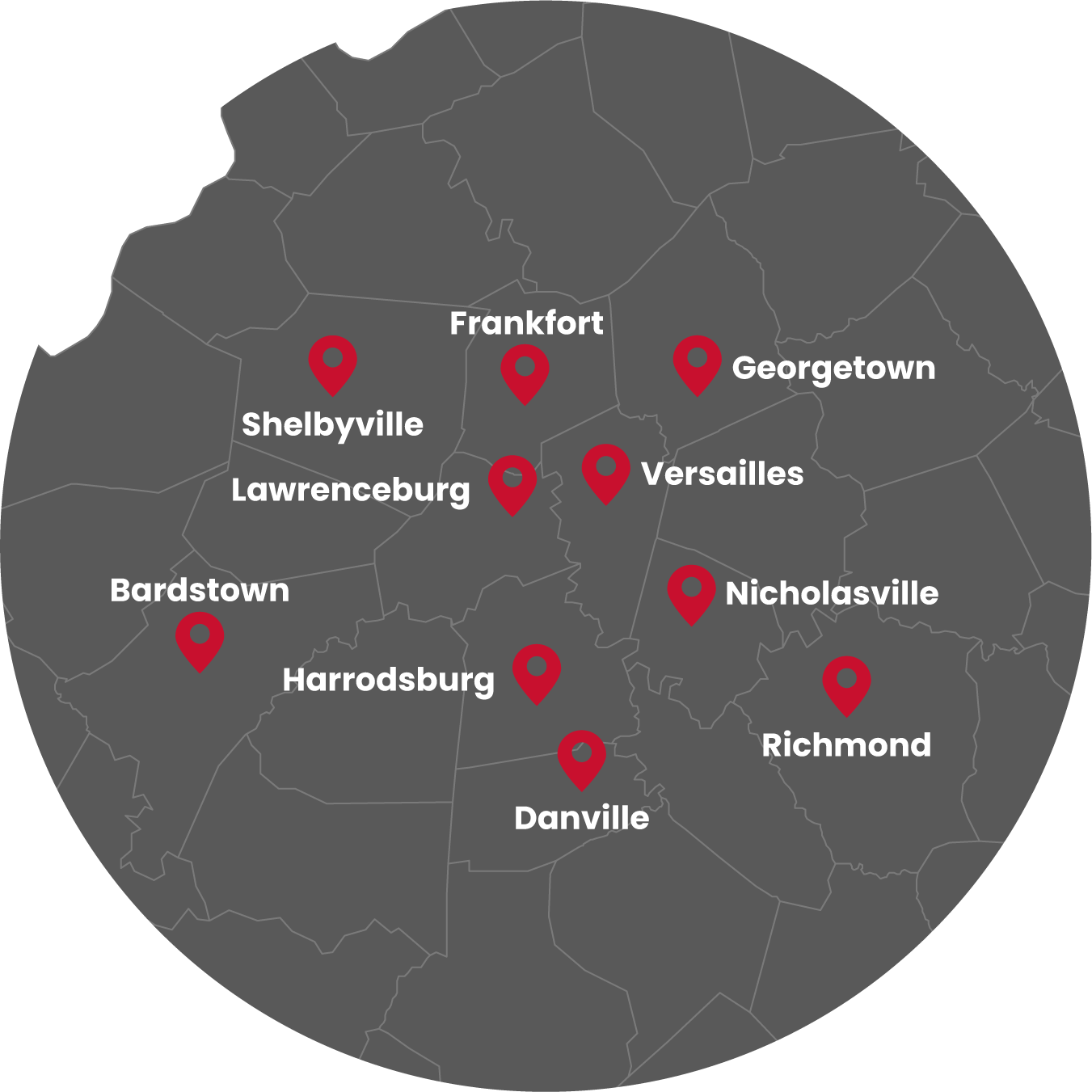 Map showing Walters Buildings service area around Lawrenceburg Kentucky with location pins across central Kentucky