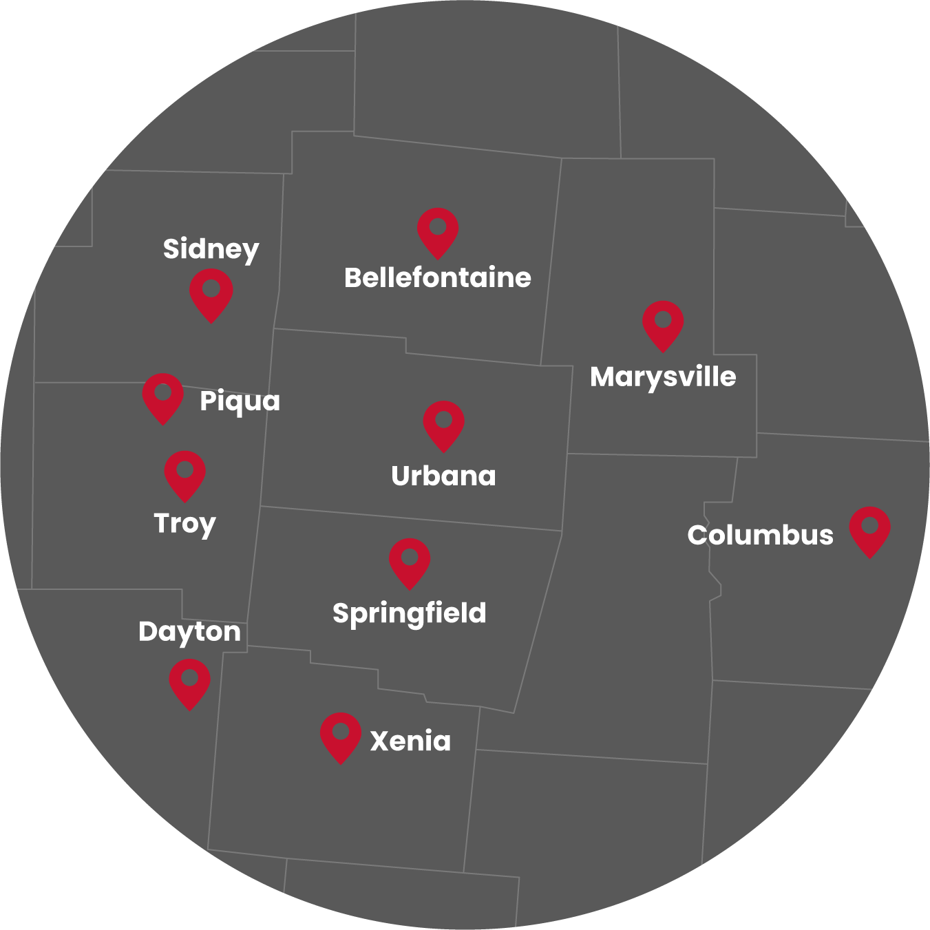 Map showing Walters Buildings service area around Urbana Ohio with location pins across western Ohio Map showing Walters Buildings service area around Urbana Ohio with location pins across western Ohio