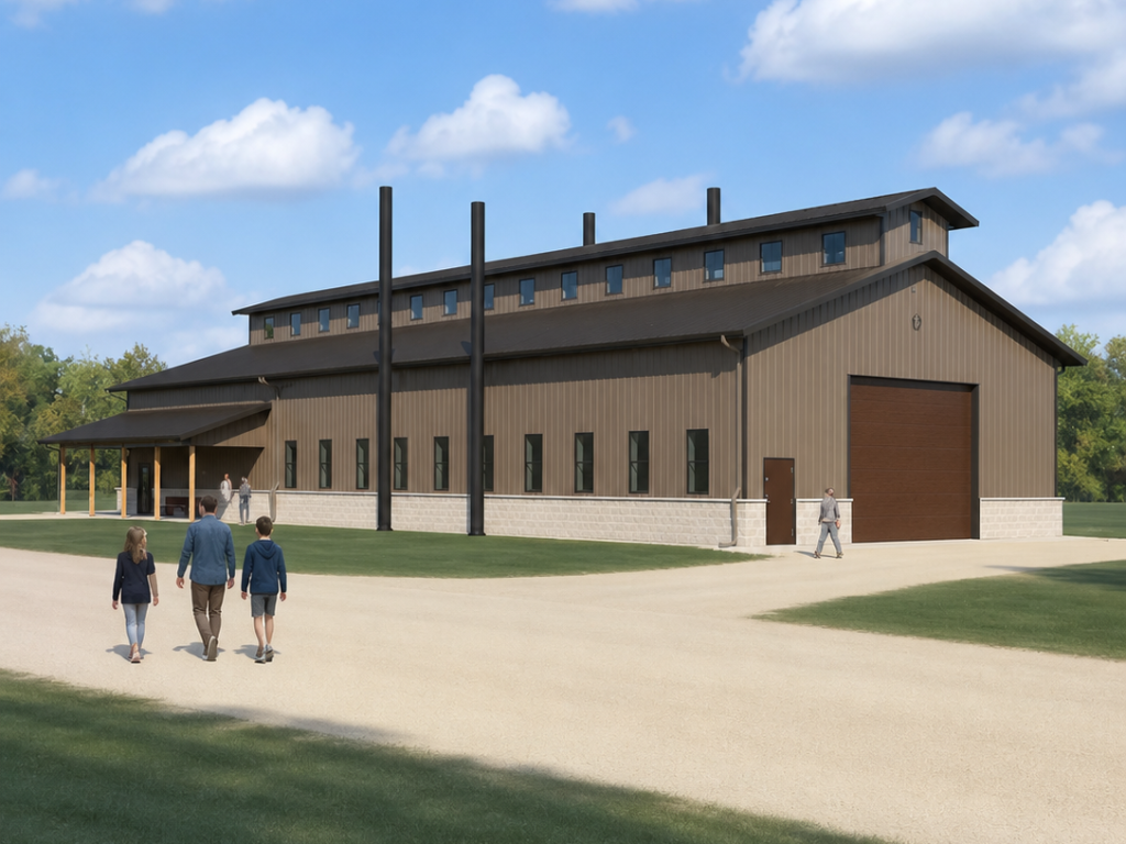 Architectural rendering of the Baer Powerhouse at Rock River Thresheree showing the planned monitor-style post-frame building before construction.